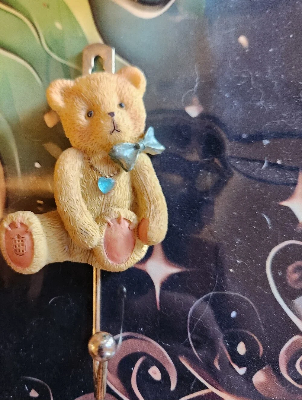 Vintage Teddy Bear Single Coat Hanger with Blue Bow and Heart